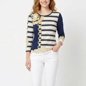 J. McLaughlin Navy White Gold Nautical Print Catalina Cloth 3/4 Sleeve Top Sz S